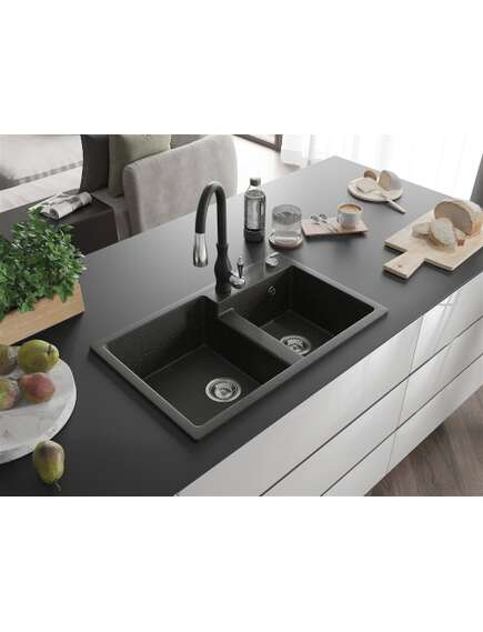 Mexen Tomas zlewozmywak granitowy 2-komorowy z baterią kuchenną Savita, czarny/złoty metalik - 6516-75-672601-70, изображение 2