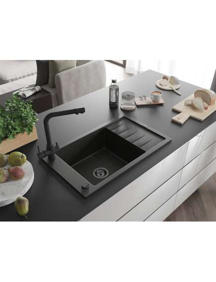 Mexen Elias zlewozmywak granitowy 1-komorowy z ociekaczem i baterią kuchenną Duero, czarny/złoty metalik - 6511-75-671600-70-B, 2 image