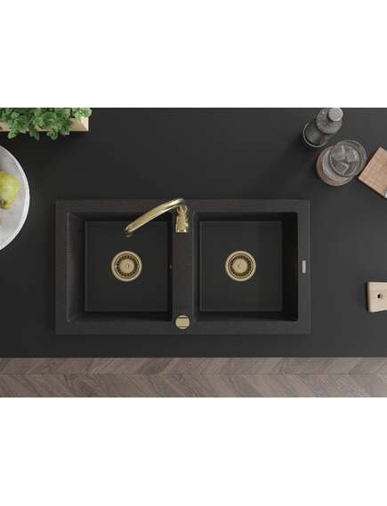 Mexen Mario zlewozmywak granitowy 2-komorowy z baterią kuchenną Telma, czarny/srebrny - 6504-73-670200-50, 4 image