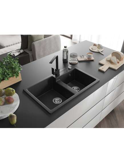Mexen Tomas zlewozmywak granitowy 2-komorowy z baterią kuchenną Rita, czarny/srebrny metalik - 6516-73-670300-70, 2 image