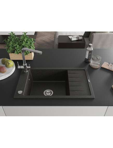 Mexen Elias zlewozmywak granitowy 1-komorowy z ociekaczem i baterią kuchenną Duero, czarny/złoty metalik - 6511-75-671600-00, 3 image