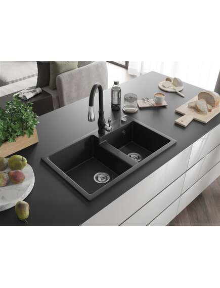 Mexen Tomas zlewozmywak granitowy 2-komorowy z baterią kuchenną Savita, czarny - 6516-77-672601-70, изображение 2