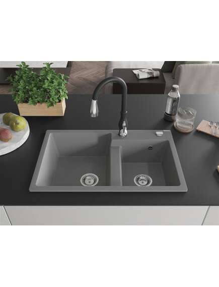 Mexen Tomas zlewozmywak granitowy 2-komorowy z baterią kuchenną Savita, szary - 6516-71-672601-70, 3 image