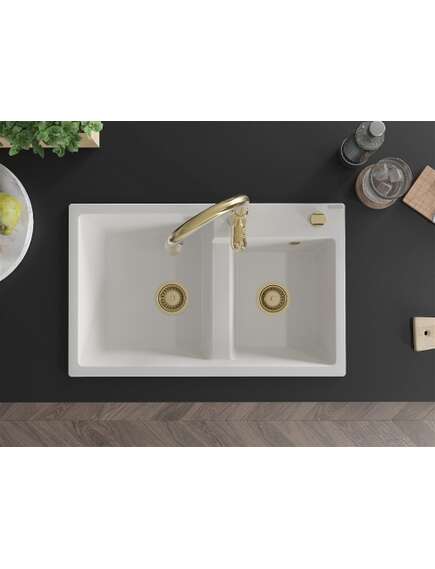 Mexen Tomas zlewozmywak granitowy 2-komorowy z baterią kuchenną Savita, biały - 6516-20-672601-50, изображение 4