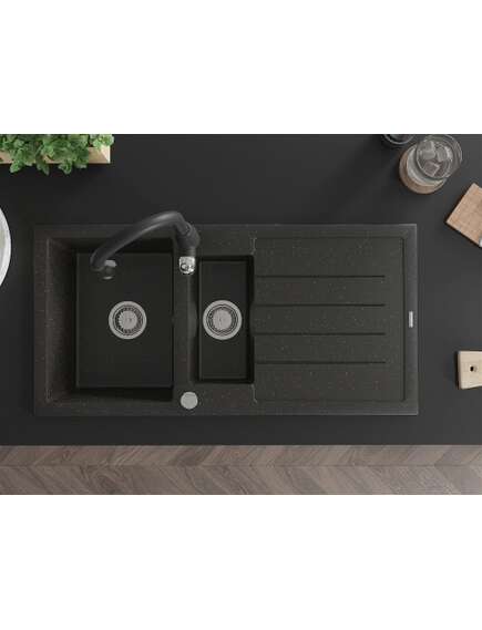 Mexen Andres zlewozmywak granitowy 1,5-komorowy z ociekaczem i baterią kuchenną Savita, czarny/złoty metalik - 6515-75-672601-70, 4 image