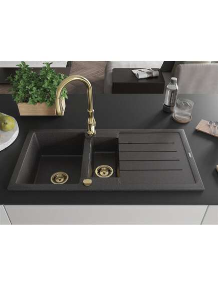Mexen Andres zlewozmywak granitowy 1,5-komorowy z ociekaczem i baterią kuchenną Savita, czarny nakrapiany - 6515-76-672601-50, 3 image