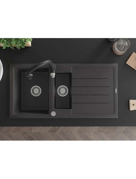Mexen Andres zlewozmywak granitowy 1,5-komorowy z ociekaczem i baterią kuchenną Savita, czarny nakrapiany - 6515-76-672601-70, 4 image