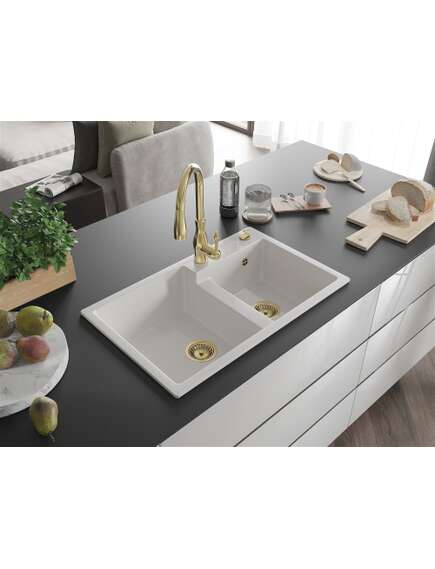 Mexen Tomas zlewozmywak granitowy 2-komorowy z baterią kuchenną Savita, biały - 6516-20-672601-50, изображение 2