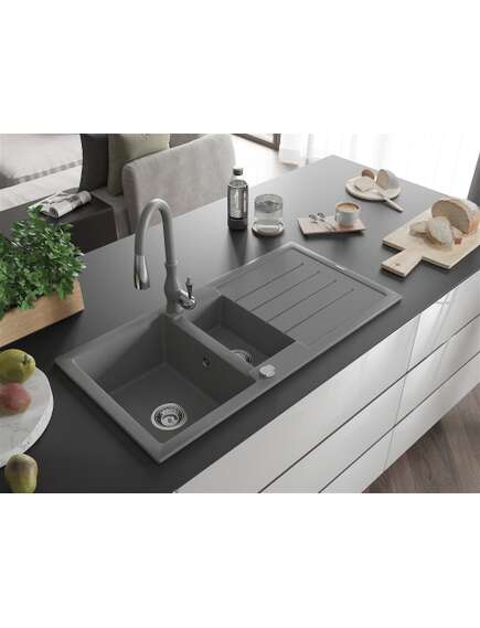 Mexen Andres zlewozmywak granitowy 1,5-komorowy z ociekaczem i baterią kuchenną Savita, szary - 6515-71-672601-71, изображение 2