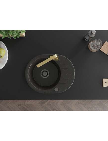 Mexen Kevin zlewozmywak granitowy 1-komorowy z ociekaczem i baterią kuchenną Rita, czarny/złoty metalik - 6517-75-670300-50-B, 4 image