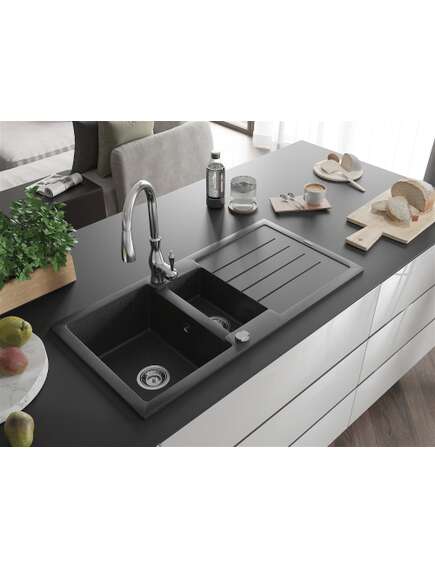 Mexen Andres zlewozmywak granitowy 1,5-komorowy z ociekaczem i baterią kuchenną Savita, czarny nakrapiany - 6515-76-672601-00, 2 image
