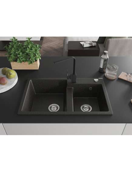 Mexen Tomas zlewozmywak granitowy 2-komorowy z baterią kuchenną Rita, czarny/złoty metalik - 6516-75-670300-70, 3 image