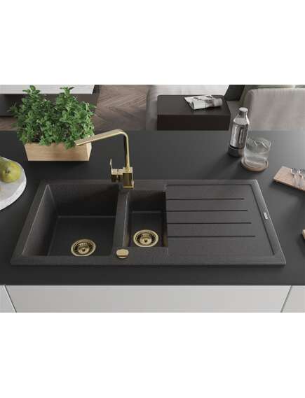 Mexen Andres zlewozmywak granitowy 1,5-komorowy z ociekaczem i baterią kuchenną Rita, czarny nakrapiany - 6515-76-670300-50, изображение 2