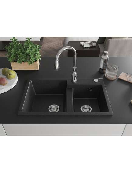 Mexen Tomas zlewozmywak granitowy 2-komorowy z baterią kuchenną Savita, czarny/srebrny metalik - 6516-73-672601-00, 3 image