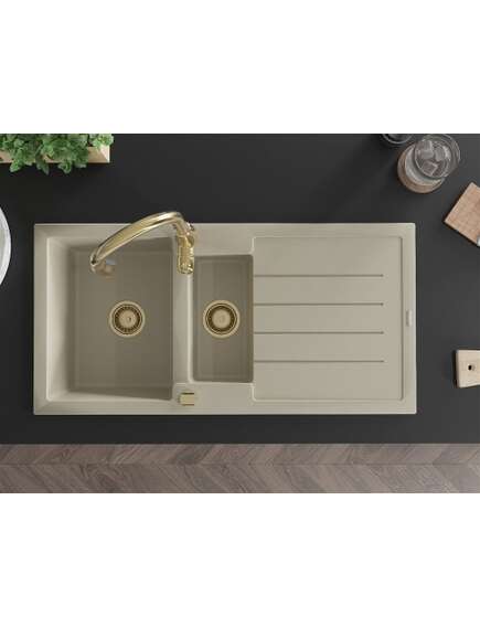 Mexen Andres zlewozmywak granitowy 1,5-komorowy z ociekaczem i baterią kuchenną Savita, beżowy - 6515-69-672601-50, изображение 4