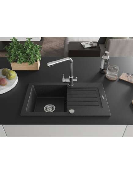 Mexen Pablo zlewozmywak granitowy 1-komorowy z ociekaczem i baterią kuchenną Duero, czarny/srebrny metalik - 6510-73-671600-00, 3 image