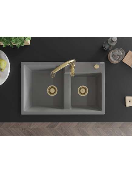 Mexen Tomas zlewozmywak granitowy 2-komorowy z baterią kuchenną Savita, szary - 6516-71-672601-50, 4 image