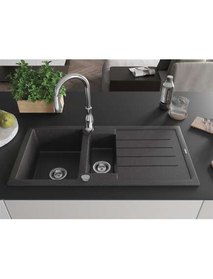 Mexen Andres zlewozmywak granitowy 1,5-komorowy z ociekaczem i baterią kuchenną Savita, czarny nakrapiany - 6515-76-672601-00, 3 image