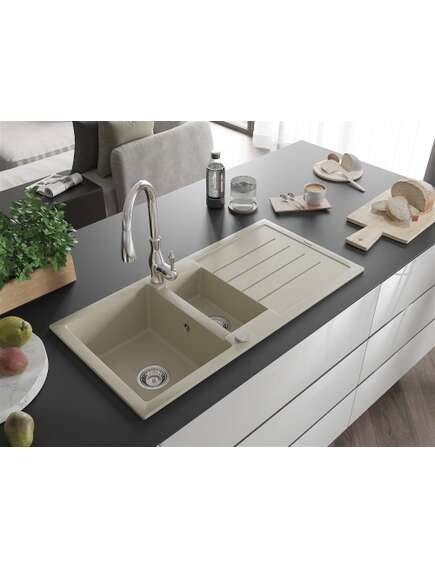 Mexen Andres zlewozmywak granitowy 1,5-komorowy z ociekaczem i baterią kuchenną Savita, beżowy - 6515-69-672601-00, изображение 2