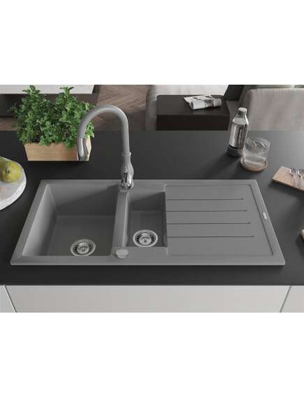 Mexen Andres zlewozmywak granitowy 1,5-komorowy z ociekaczem i baterią kuchenną Savita, szary - 6515-71-672601-71, изображение 3