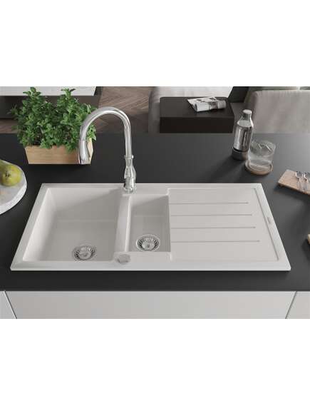 Mexen Andres zlewozmywak granitowy 1,5-komorowy z ociekaczem i baterią kuchenną Savita, biały - 6515-20-672601-00, изображение 3