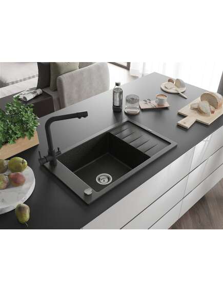 Mexen Elias zlewozmywak granitowy 1-komorowy z ociekaczem i baterią kuchenną Duero, czarny/złoty metalik - 6511-75-671600-70, изображение 2