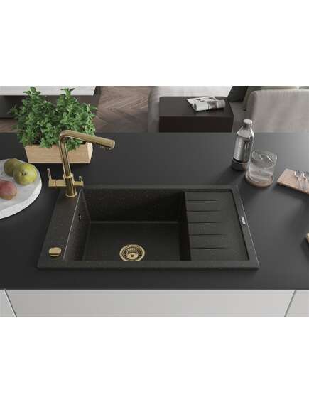Mexen Elias zlewozmywak granitowy 1-komorowy z ociekaczem i baterią kuchenną Duero, czarny/złoty metalik - 6511-75-671600-50, 3 image