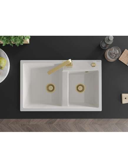 Mexen Tomas zlewozmywak granitowy 2-komorowy z baterią kuchenną Rita, biały - 6516-20-670300-50, изображение 4