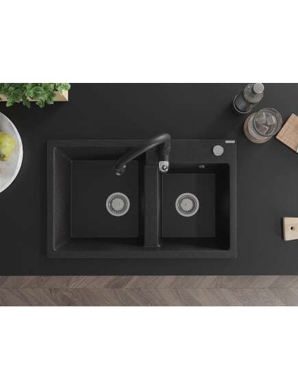 Mexen Tomas zlewozmywak granitowy 2-komorowy z baterią kuchenną Savita, czarny/srebrny metalik - 6516-73-672601-70, 4 image