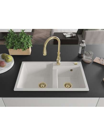 Mexen Tomas zlewozmywak granitowy 2-komorowy z baterią kuchenną Savita, biały - 6516-20-672601-50, изображение 3