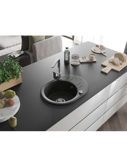 Mexen Kevin zlewozmywak granitowy 1-komorowy z ociekaczem i baterią kuchenną Rita, czarny/złoty metalik - 6517-75-670300-00, 2 image