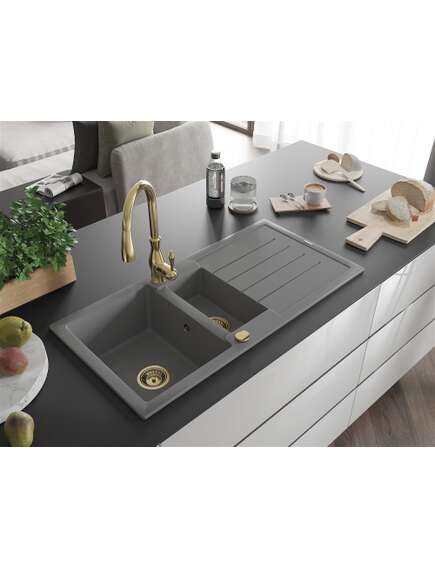 Mexen Andres zlewozmywak granitowy 1,5-komorowy z ociekaczem i baterią kuchenną Savita, szary - 6515-71-672601-50, изображение 2