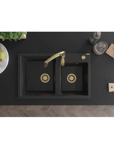 Mexen Tomas zlewozmywak granitowy 2-komorowy z baterią kuchenną Savita, czarny/srebrny metalik - 6516-73-672601-50, 4 image