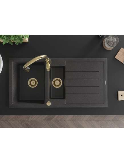Mexen Andres zlewozmywak granitowy 1,5-komorowy z ociekaczem i baterią kuchenną Savita, czarny nakrapiany - 6515-76-672601-50, 4 image