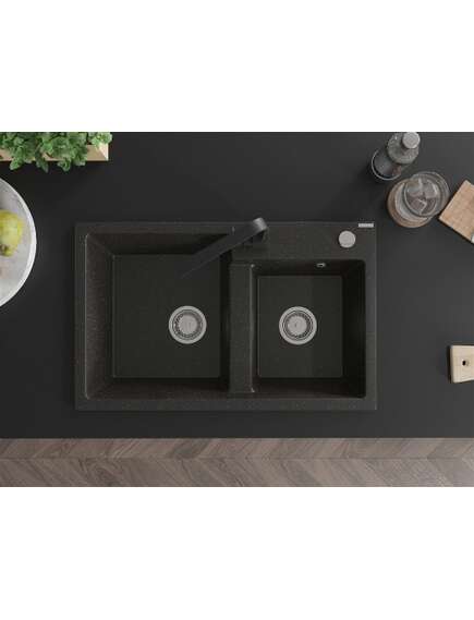 Mexen Tomas zlewozmywak granitowy 2-komorowy z baterią kuchenną Rita, czarny/złoty metalik - 6516-75-670300-70, 4 image