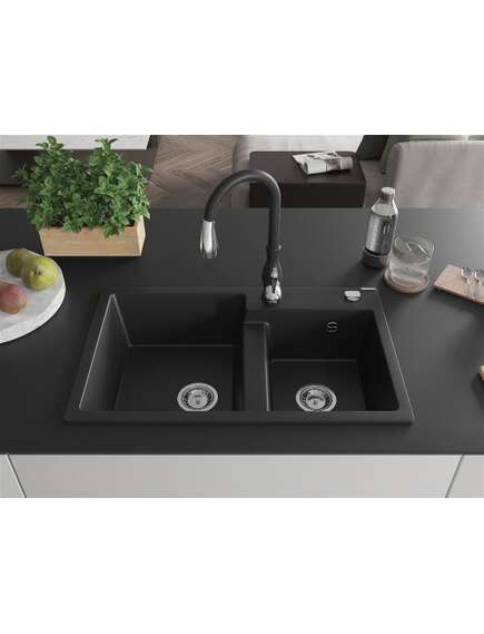 Mexen Tomas zlewozmywak granitowy 2-komorowy z baterią kuchenną Savita, czarny - 6516-77-672601-70, изображение 3