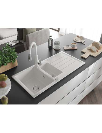 Mexen Andres zlewozmywak granitowy 1,5-komorowy z ociekaczem i baterią kuchenną Savita, biały - 6515-20-672601-20, изображение 2