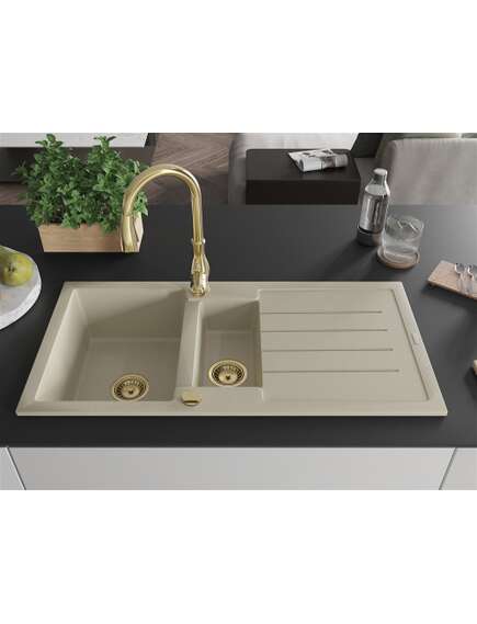 Mexen Andres zlewozmywak granitowy 1,5-komorowy z ociekaczem i baterią kuchenną Savita, beżowy - 6515-69-672601-50, изображение 3