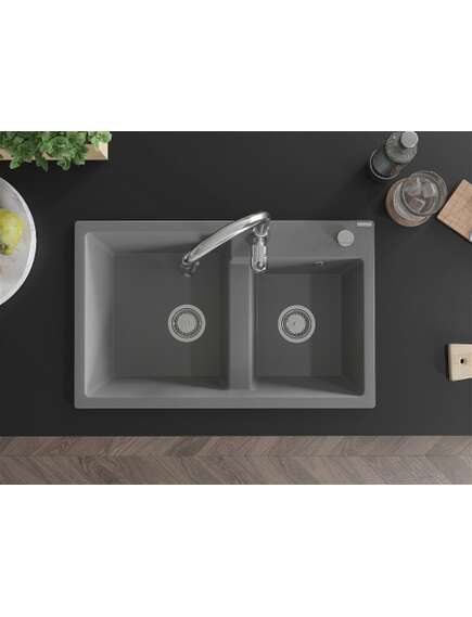 Mexen Tomas zlewozmywak granitowy 2-komorowy z baterią kuchenną Savita, szary - 6516-71-672601-00, 4 image