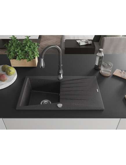 Mexen Cesar zlewozmywak granitowy 1-komorowy z ociekaczem i baterią kuchenną Savita, czarny nakrapiany - 6514-76-672601-76, изображение 3