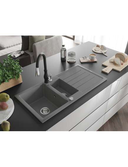Mexen Andres zlewozmywak granitowy 1,5-komorowy z ociekaczem i baterią kuchenną Savita, szary - 6515-71-672601-70, изображение 2