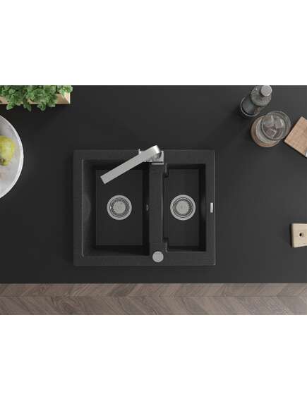 Mexen Carlos zlewozmywak granitowy 1,5-komorowy z baterią kuchenną Rita, czarny/srebrny metalik - 6518-73-670300-00, изображение 4