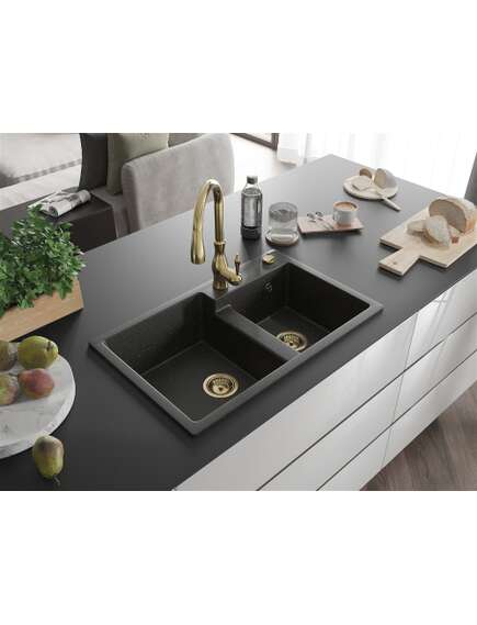 Mexen Tomas zlewozmywak granitowy 2-komorowy z baterią kuchenną Savita, czarny/złoty metalik - 6516-75-672601-50, изображение 2
