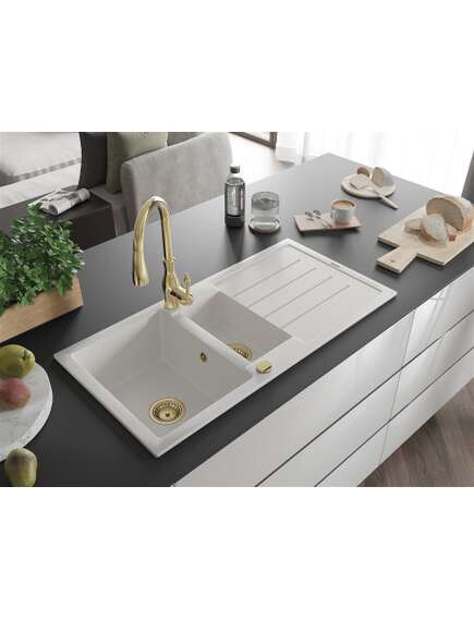 Mexen Andres zlewozmywak granitowy 1,5-komorowy z ociekaczem i baterią kuchenną Savita, biały - 6515-20-672601-50, изображение 2