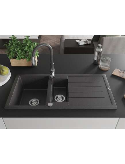 Mexen Andres zlewozmywak granitowy 1,5-komorowy z ociekaczem i baterią kuchenną Savita, czarny nakrapiany - 6515-76-672601-76, изображение 3