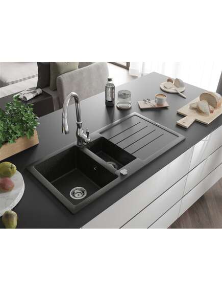 Mexen Andres zlewozmywak granitowy 1,5-komorowy z ociekaczem i baterią kuchenną Savita, czarny/złoty metalik- 6515-75-672601-00, 2 image