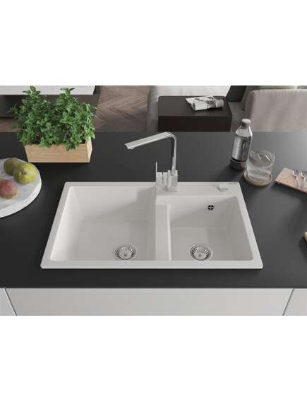 Mexen Tomas zlewozmywak granitowy 2-komorowy z baterią kuchenną Rita, biały - 6516-20-670300-00, изображение 3