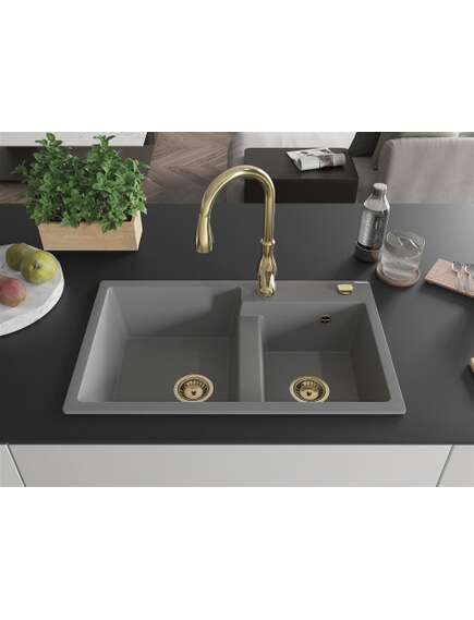 Mexen Tomas zlewozmywak granitowy 2-komorowy z baterią kuchenną Savita, szary - 6516-71-672601-50, 3 image