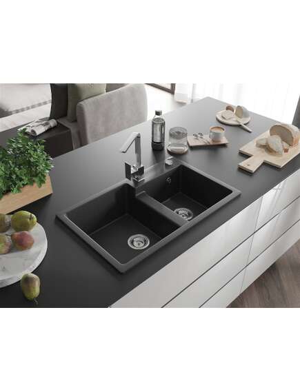 Mexen Tomas zlewozmywak granitowy 2-komorowy z baterią kuchenną Rita, czarny/srebrny metalik - 6516-73-670300-00, 2 image