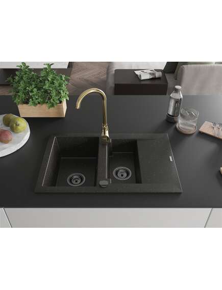 Mexen Gaspar zlewozmywak granitowy 1,5-komorowy z ociekaczem i baterią kuchenną Telma, czarny/złoty - 6507-75-670200-50-B, 3 image